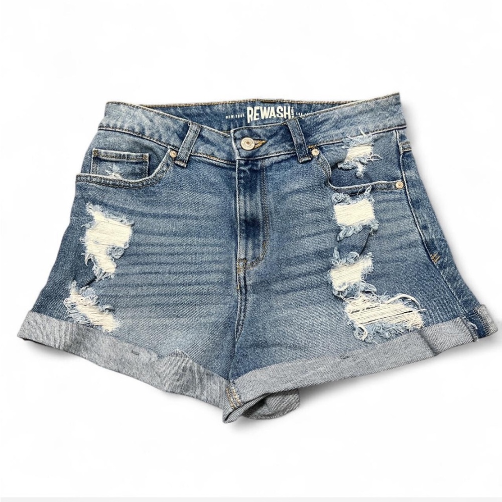 Blue High Rise Distressed Mom Jean Shorts